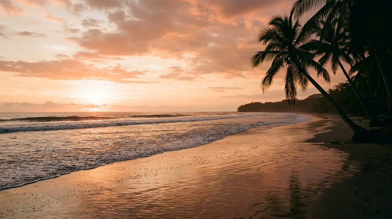 Santa Teresa beach at sunset with wet sand reflecting a coral sky