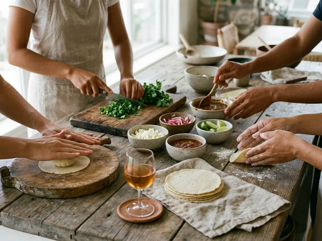 Guests working side by side at a wooden counter during a private cooking class in Santa Teresa