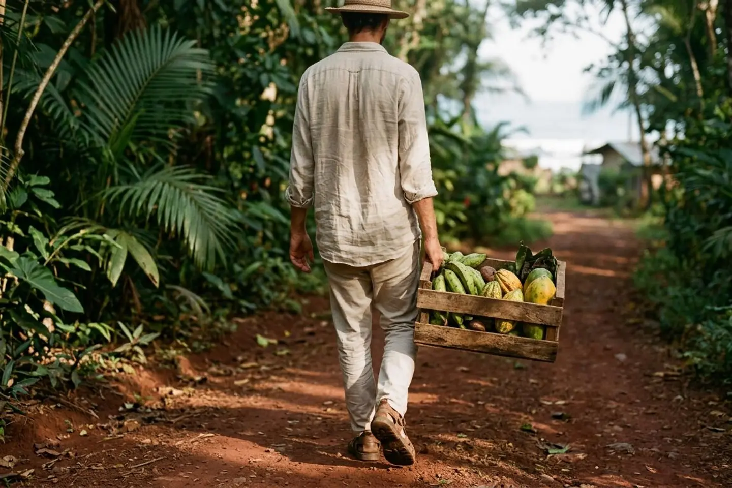 Walking a jungle road near Santa Teresa carrying a crate of produce