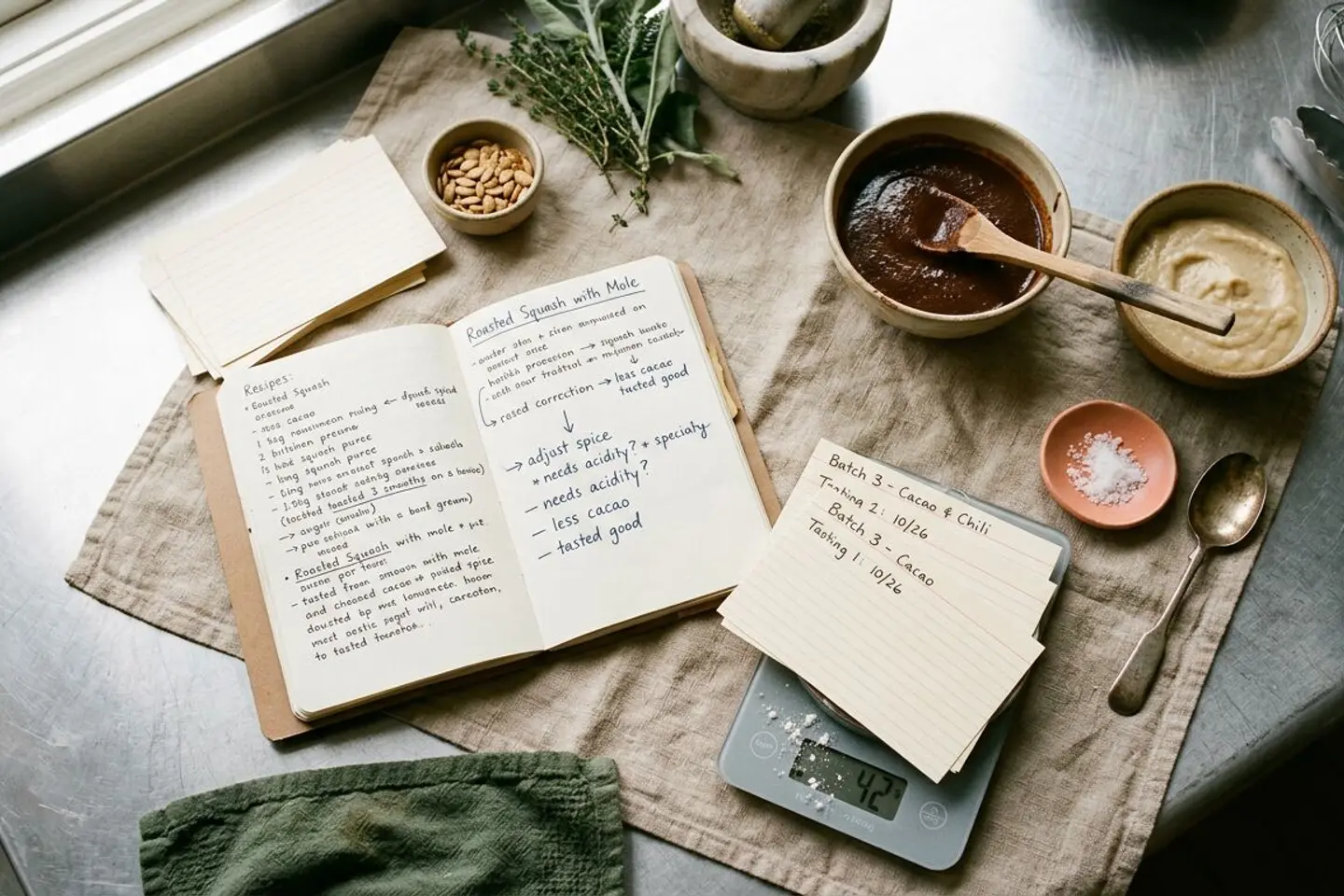 Recipe development in progress on a kitchen pass with notes, scale and tasting spoons