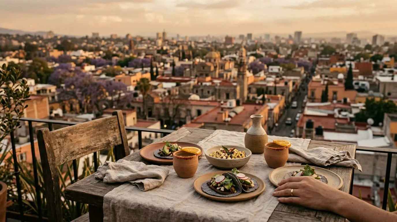 Rooftop table in Mexico City at dusk during a private culinary journey