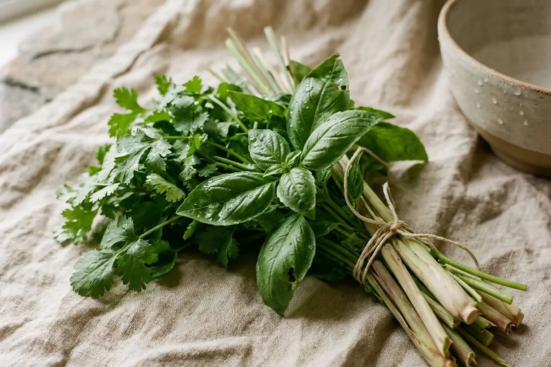 Bundle of cilantro, basil and lemongrass on natural linen
