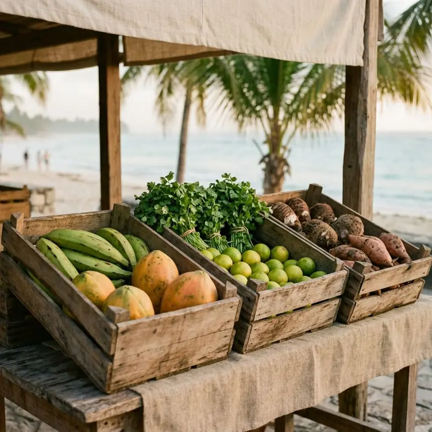 Crates of local Costa Rican produce at a coastal market in early morning light