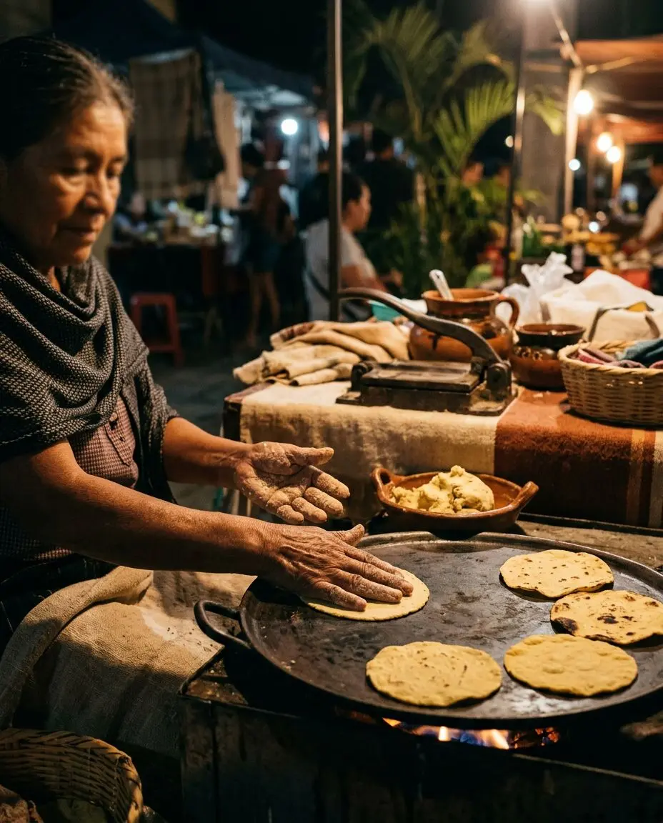 Tortillas on a comal at an Oaxacan street food stall at night